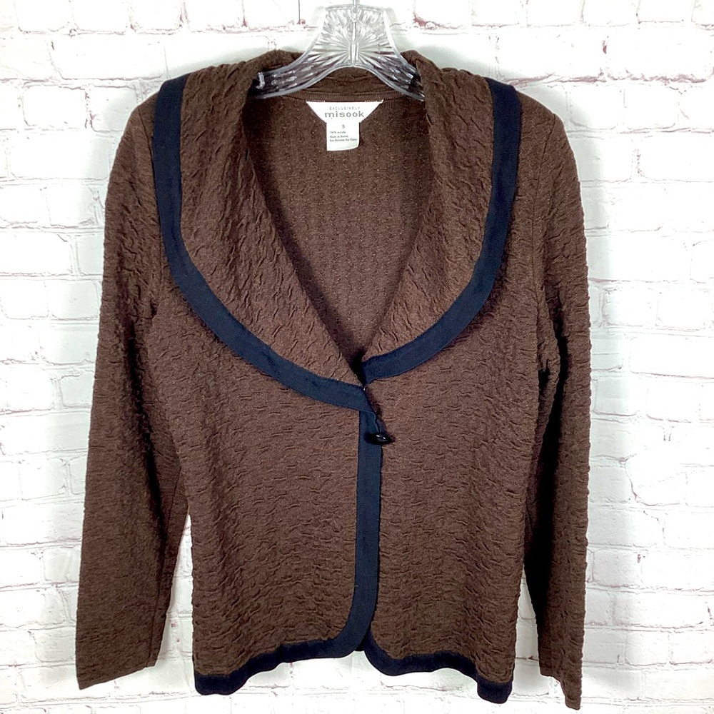 Misook Cardigan Jacket Women’s Small Textured Brown with Black Trim Longsleeve